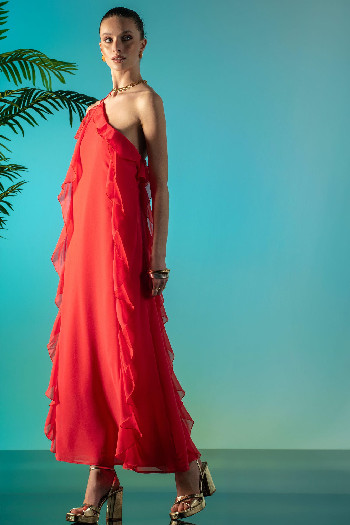 VESTIDO TECIDO COM FOLHOS