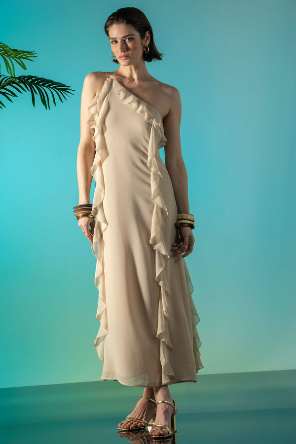 VESTIDO TECIDO COM FOLHOS